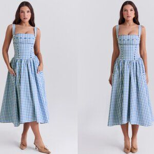 HOUSE OF CB 'Vivien' Regatta Blue Gingham Midi Sundress NWOT